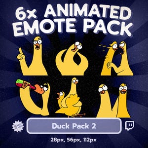 May include: An image showcasing six animated yellow duck emotes with different expressions. The text "6x ANIMATED EMOTE PACK" is at the top, and "Duck Pack 2" is at the bottom. The image also includes size specifications.