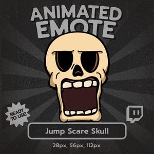 Op de afbeelding: Geanimeerde emote-afbeelding met een cartoon schedel met een wijd open mond, zwarte oogkassen en een beige kleur. De tekst "ANIMATED EMOTE" staat bovenaan en "Jump Scare Skull" onderaan. De afbeelding staat op een donkergrijze achtergrond.