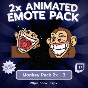 May include: A digital graphic featuring two animated monkey emotes with the text 2x ANIMATED EMOTE PACK, READY TO USE!, Monkey Pack 2x - 3, and 28px, 56px, 112px. One monkey is laughing with tears, and the other is grinning widely with teeth showing.