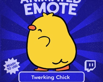 May include: Animated emote featuring a yellow chick with orange beak and feet, with a curved line for a mouth. The text "ANIMATED EMOTE" is at the top, and "Twerking Chick" is at the bottom. The image includes a Twitch logo.