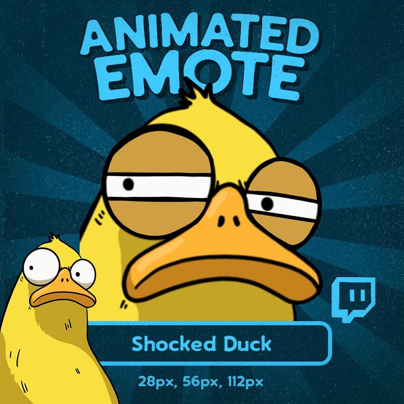 May include: A cartoon duck with a shocked expression, yellow body, and orange beak. The image includes the text "ANIMATED EMOTE" and "Shocked Duck", along with size details. A Twitch logo is visible in the corner of the image.