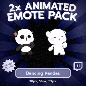 May include: An animated emote pack featuring a panda and a polar bear, both with closed eyes and dancing poses. The text "2x ANIMATED EMOTE PACK" is at the top, with "Dancing Pandas" below the characters. The image includes the text "READY TO USE!" and size specifications.