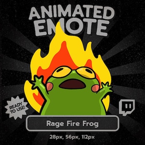 May include: Animated emote featuring a green frog with yellow-rimmed glasses and pink cheeks, engulfed in flames. The text "ANIMATED EMOTE" is at the top, with "Rage Fire Frog" below the frog. Includes a "READY TO USE!" badge and Twitch logo.