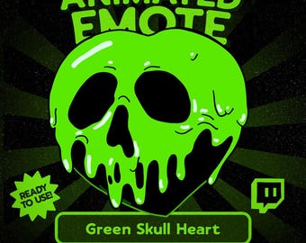 Kawaii-grüner Totenkopf-Herz-Emote für Twitch und Discord, gruselige Halloween-Totenkopf-Reaktion für VTuber-Streams und Gothic-Chat
