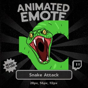 May include: Animated emote featuring a green snake with yellow eyes and an open mouth, ready to strike. The text "ANIMATED EMOTE" is at the top, with "Snake Attack" below the snake. A "READY TO USE!" badge and a Twitch logo are also present.