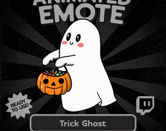 May include: Animated emote featuring a white ghost holding an orange jack-o'-lantern filled with candy. The text "ANIMATED EMOTE" is at the top, with "Trick Ghost" and size details at the bottom. A "READY TO USE!" badge is in the lower left.