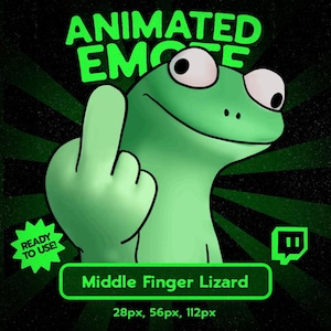 Może przedstawiać: Cyfrowa grafika przedstawiająca zieloną jaszczurkę z dużymi oczami, pokazującą środkowy palec. Tekst zawiera napisy ANIMATED EMOTE, READY TO USE!, Middle Finger Lizard oraz 28px, 56px, 112px. Tło stanowi czarno-zielony wzór promienisty.