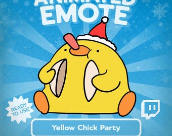 May include: A cartoon yellow chick character wearing a Santa hat and sticking out its tongue. The image has the text "ANIMATED EMOTE" at the top and "Yellow Chick Party" at the bottom. The background is blue with snowflakes and radial lines.