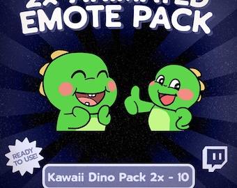 Kawaii 2er-Pack animierte Dinosaurier-Emotes für Twitch und Discord, niedlicher lachender Dino und Daumen-hoch-Reaktionen für den VTuber-Stream-Chat