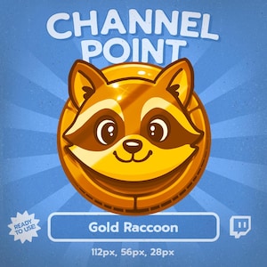 Könnte beinhalten: Eine goldene Münze mit einem Cartoon-Waschbärgesicht. Der Text "CHANNEL POINT" steht über dem Waschbären und "Gold Raccoon" darunter. Der Hintergrund ist blau mit weißen Strahlen. Das Bild enthält den Text "READY TO USE!"