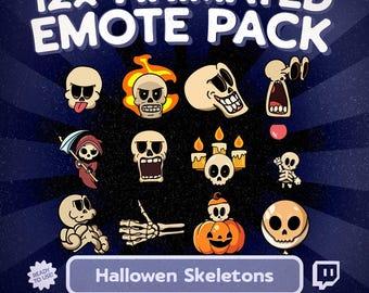 Halloween Skelett Animiertes Emote Paket für Twitch und Discord, 12× Gruselige Schädel und Knochen Emotes für Streamer, VTubers und Horror Fans