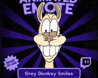 Kawaii lächelnder grauer Esel – animiertes Emote für Twitch und Discord, fröhliche Eselreaktion, lustiges Bauernhoftier-Emote für den Kick-Chat