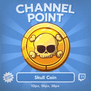 May include: A gold coin with a skull and crossbones design, labeled "Skull Coin." The coin is set against a blue background with the words "CHANNEL POINT" at the top. The image also includes the text "READY TO USE!" and size dimensions.