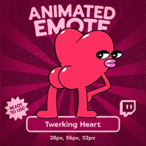 Peut inclure: Illustration d'un cœur rose animé en train de twerker. Le texte « Animated Emote » et « Twerking Heart » sont présents. L'image comprend également le texte « Ready to Use ! » et un logo Twitch, sur fond bordeaux.
