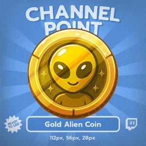 May include: A gold coin with an alien face in the center, surrounded by a gold border. The coin is set against a blue background with the words "CHANNEL POINT" at the top. The text "Gold Alien Coin" is at the bottom.