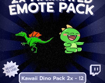 Kawaii 2er-Pack animierte Dinosaurier-Emotes für Twitch und Discord, niedliche Spinosaurus- und lachende Dino-Reaktionen für den VTuber-Stream-Chat