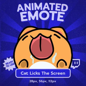Op de afbeelding: Een cartoonafbeelding van een oranje kat die het scherm likt, met tranen, tegen een blauwe achtergrond. Tekst luidt "ANIMATED EMOTE" en "Cat Licks The Screen". Een Twitch-logo is zichtbaar. Klaar voor gebruik.