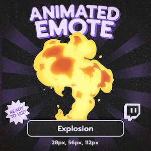 Puede incluir: Gráfico de emote animado que presenta una explosión estilizada en tonos amarillos y naranjas. La palabra "Explosion" se muestra en un cuadro blanco, con opciones de tamaño debajo. El texto "Animated Emote" está en la parte superior.