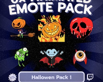 May include: A Halloween-themed animated emote pack featuring six unique designs. The pack includes a pumpkin with a sinister face, a pumpkin in flames, a dripping red skull, a green monster, a vampire, and a red-winged eyeball. Text reads "6x ANIMATED EMOTE PACK" and "Halloween Pack 1".