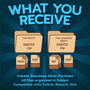 May include: A digital download graphic with the text "WHAT YOU RECEIVE" in blue. The image shows two folders labeled "FOR EMOTE" and "FOR ANIMATED EMOTE" with file types .zip, PNG, PDF, and GIF. Text at the bottom says "Instant Download After Purchase".