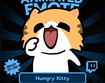 Kawaii-Emote „Hungriges Kätzchen“ für Twitch und Discord, lustiges GIF mit Katzenfutter-Reaktion für VTuber-Streams, süßes Chat-Emote „Hungrige Katze“