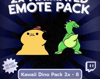 Kawaii 2er-Pack animierte Dinosaurier-Emotes für Twitch und Discord, süße traurige und tanzende Dino-Reaktionen für VTuber-Streams und Gaming-Chats