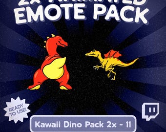 Kawaii 2er-Pack animierte Dinosaurier-Emotes für Twitch und Discord: Rote tanzende Dino- und gelbe Spinosaurus-Reaktionen für den VTuber-Stream-Chat