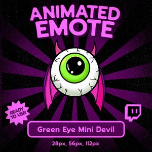 May include: An animated emote featuring a green eye with devil horns and wings. The text "ANIMATED EMOTE" is at the top, with "READY TO USE!" in a starburst. The bottom reads "Green Eye Mini Devil" with size options.