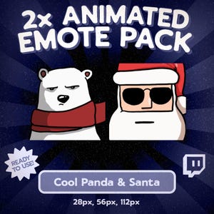 May include: A digital graphic featuring a cool panda wearing a red scarf and Santa Claus wearing sunglasses and a Santa hat. The text reads "2x ANIMATED EMOTE PACK" and "Cool Panda & Santa". The image is ready to use at 28px, 56px, and 112px.