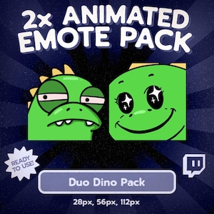 May include: A digital graphic featuring two green dinosaur cartoon emotes. The text "2x ANIMATED EMOTE PACK" is at the top. Below, the text "Duo Dino Pack" is displayed. The image also includes the text "READY TO USE!" and pixel size information.