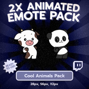 Może przedstawiać: Grafika cyfrowa przedstawiająca krowę i pandę, będąca częścią "Cool Animals Pack" animowanych emotikon. Obraz zawiera tekst "2X ANIMATED EMOTE PACK" i "READY TO USE!" na ciemnoniebieskim tle z promienistymi liniami.