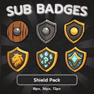 May include: A collection of six shield-shaped badges with various designs. The badges include a wooden shield, a gray shield, and shields with gold borders and different emblems, including a lion and a blue gem. Text reads "SUB BADGES" and "Shield Pack".