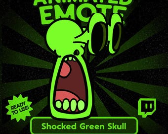 Kawaii-Emote: Schockierter grüner Totenkopf (animiert) für Twitch und Discord, lustige schreiende Halloween-Totenkopf-Reaktion für VTuber-Streams und gruselige Inhalte