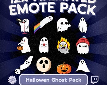 Halloween Ghost Animated Emote Pack for Twitch and Discord, 12× Cute Spooky Ghost Reactions for Streamers, VTubers, and Halloween Season