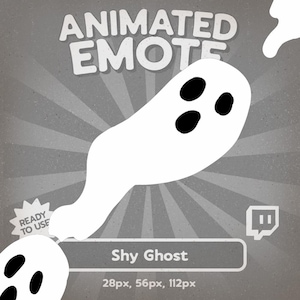 Könnte beinhalten: Ein weißer animierter Geist mit drei schwarzen Augen, beschriftet mit "Shy Ghost". Das Bild enthält den Text "Animated Emote" und "Ready to Use". Der Hintergrund ist grau mit radialen Linien.