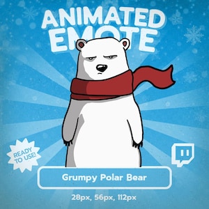 May include: An animated emote featuring a grumpy polar bear wearing a red scarf. The text "ANIMATED EMOTE" is at the top, with "Grumpy Polar Bear" below. The image is set against a blue background with snowflakes and radial lines.
