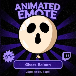 May include: Animated emote graphic featuring a ghost balloon with black eyes and mouth. The text "ANIMATED EMOTE" is at the top, and "Ghost Balloon" is written below the balloon. The background is black with purple rays.