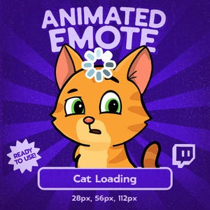Può includere: Emote animata con un gatto dei cartoni animati arancione con occhi verdi e un fiore sulla testa. Il testo "Cat Loading" è visualizzato su uno striscione viola, con specifiche delle dimensioni sottostanti. Lo sfondo è viola con linee radiali.