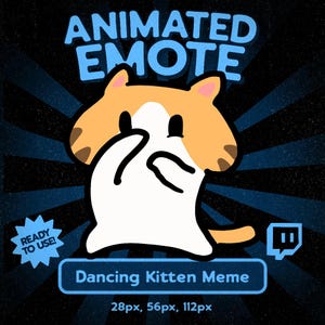 Puede incluir: Un emote animado que muestra un gatito de dibujos animados con pelaje naranja y blanco en una pose de baile. La imagen incluye el texto ANIMATED EMOTE, READY TO USE!, Dancing Kitten Meme y las dimensiones 28px, 56px, 112px sobre un fondo azul oscuro.