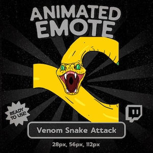 May include: Animated emote graphic featuring a yellow snake in an attacking pose. The snake has green eyes and an open mouth. Text includes "ANIMATED EMOTE", "READY TO USE!", and "Venom Snake Attack". The background is black with radial lines.