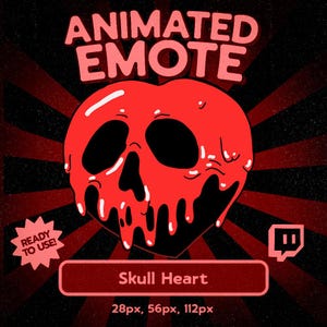 Puede incluir: Gráfico de emote animado con un diseño de corazón de calavera rojo, cuencas de ojos negras y detalles goteantes. El texto "ANIMATED EMOTE" está en la parte superior, con "Skull Heart" en la parte inferior. Incluye el logotipo de Twitch y detalles de tamaño.