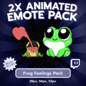 May include: A digital graphic featuring two cartoon frogs. One frog has a red heart extending from its mouth, and the other frog is smiling. Text reads "2X ANIMATED EMOTE PACK" and "Frog Feelings Pack."
