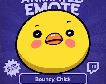 May include: Animated emote graphic featuring a yellow chick with black eyes, orange beak, and pink cheeks. The text "Animated Emote" is at the top, and "Bouncy Chick" is in a blue rectangle at the bottom. The graphic includes the text "Ready to Use!"