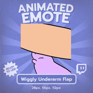 Peut inclure: Graphique d'emote animée avec un bras et un dessous de bras violet. Le texte "Animated Emote" est en haut, et "Wiggly Underarm Flap" en bas. Des détails de taille sont également inclus.