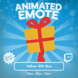 May include: Animated emote graphic featuring a yellow gift box with a red ribbon against a blue background with snowflakes and radial lines. Text includes "ANIMATED EMOTE", "READY TO USE!", "Yellow Gift Box", and pixel dimensions.