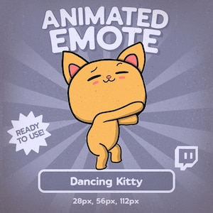 Könnte beinhalten: Animierter Emote mit einer tanzenden Cartoon-Katze mit fröhlichem Gesichtsausdruck. Die Katze ist orange mit rosa Akzenten, vor einem grauen Hintergrund mit radialen Linien. Text enthält "Animated Emote", "Ready to Use!" und "Dancing Kitty".