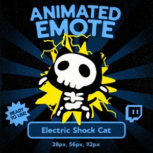 May include: Animated Emote graphic featuring a black cat with a skull-shaped head and a skeleton torso, surrounded by yellow lightning bolts. The text "Electric Shock Cat" is displayed below the cat, with size specifications. The background is dark blue with radial lines.