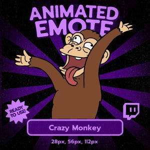 May include: A brown cartoon monkey with an open mouth and tongue sticking out, arms raised in a gesture of excitement. The image features the text ANIMATED EMOTE, READY TO USE, and Crazy Monkey, set against a purple and black sunburst background.