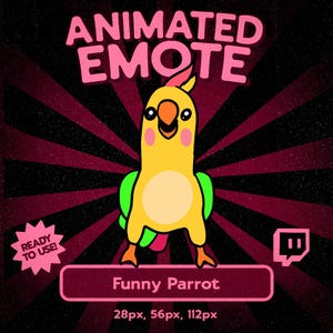 Puede incluir: Imagen de un loro amarillo de dibujos animados con alas verdes y mejillas rosas. El texto "ANIMATED EMOTE" está encima del loro, y "Funny Parrot" debajo. La imagen tiene un fondo oscuro con líneas radiales rojas.