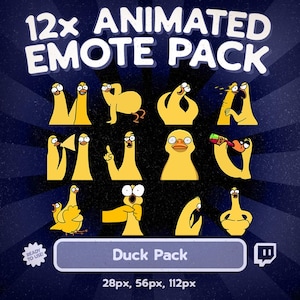 Pode incluir: Gráfico digital com doze emotes de pato amarelos com várias expressões e poses. O texto "12x ANIMATED EMOTE PACK" está no topo, com "Duck Pack" na parte inferior. A imagem inclui tamanhos de 28px, 56px e 112px.